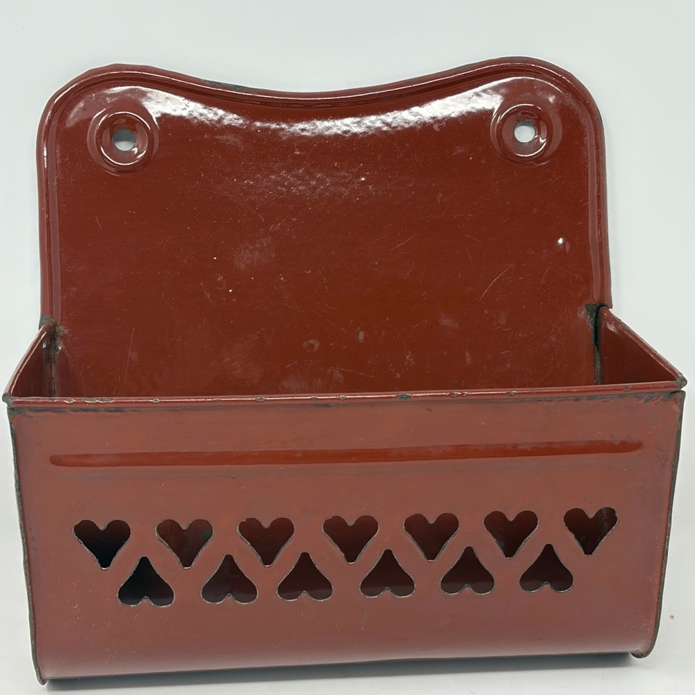 Vintage Red Enamelware Wall Pocket with Heart Cutouts | Farmhouse Decor